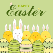 colorful-happy-easter-greeting-card-with-easter-eggs-little-chicken-rabbit-bunny-and-text